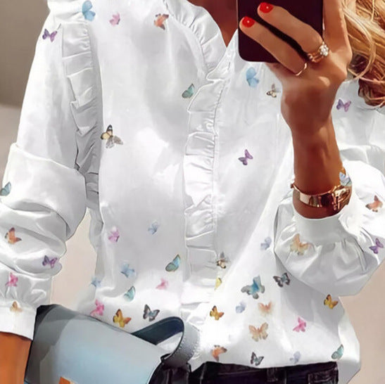 Dame flæse detaljer bluse med sommerfuglemotiv Stilla