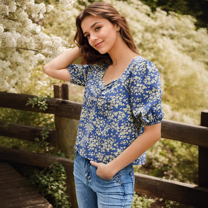 Dame Puffærmet Bluse med blomstertryk Stilla