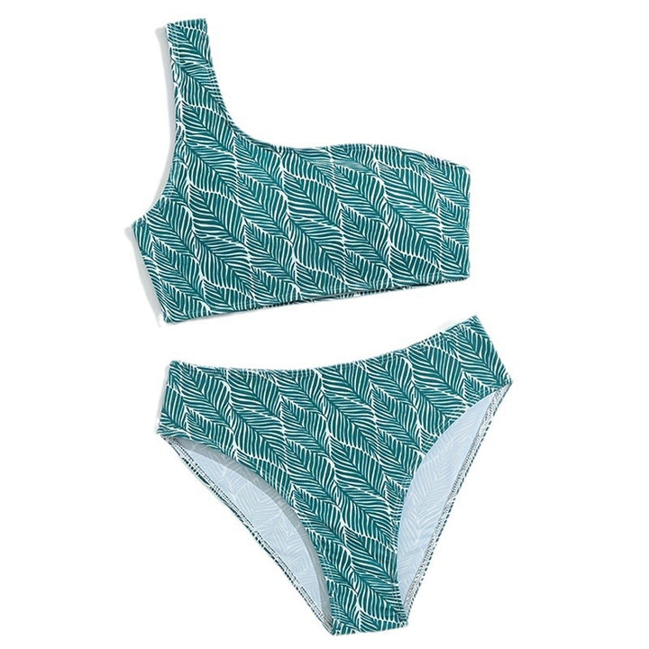 Dame Bikini-sæt med asymmetrisk top og tropisk palmebladsmønster Stilla