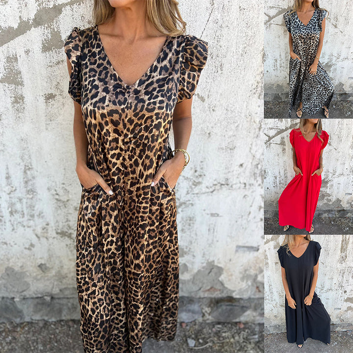 Dame Maxikjole med elegant V-udskæring og moderne leopardmønster Stilla