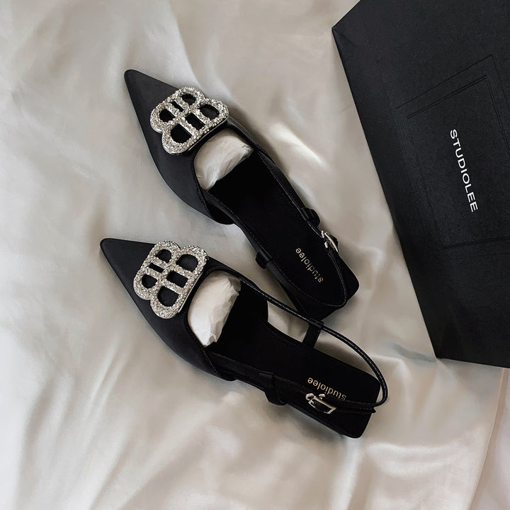 Kvinder Elegant Slingback Spids Tå Ballerinaer med Rhinsten Spænde Detalje Stilla