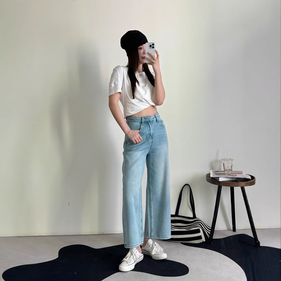 Dame brede jeansbukser med højtaljet Stilla