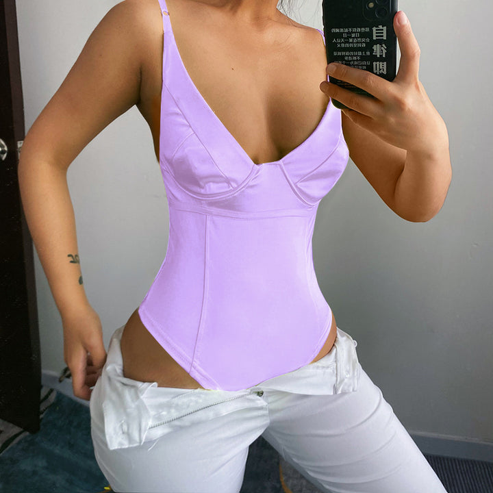 Dame Satin-Bustier-Top med dyb V-udskæring og elegant pasform Skovae