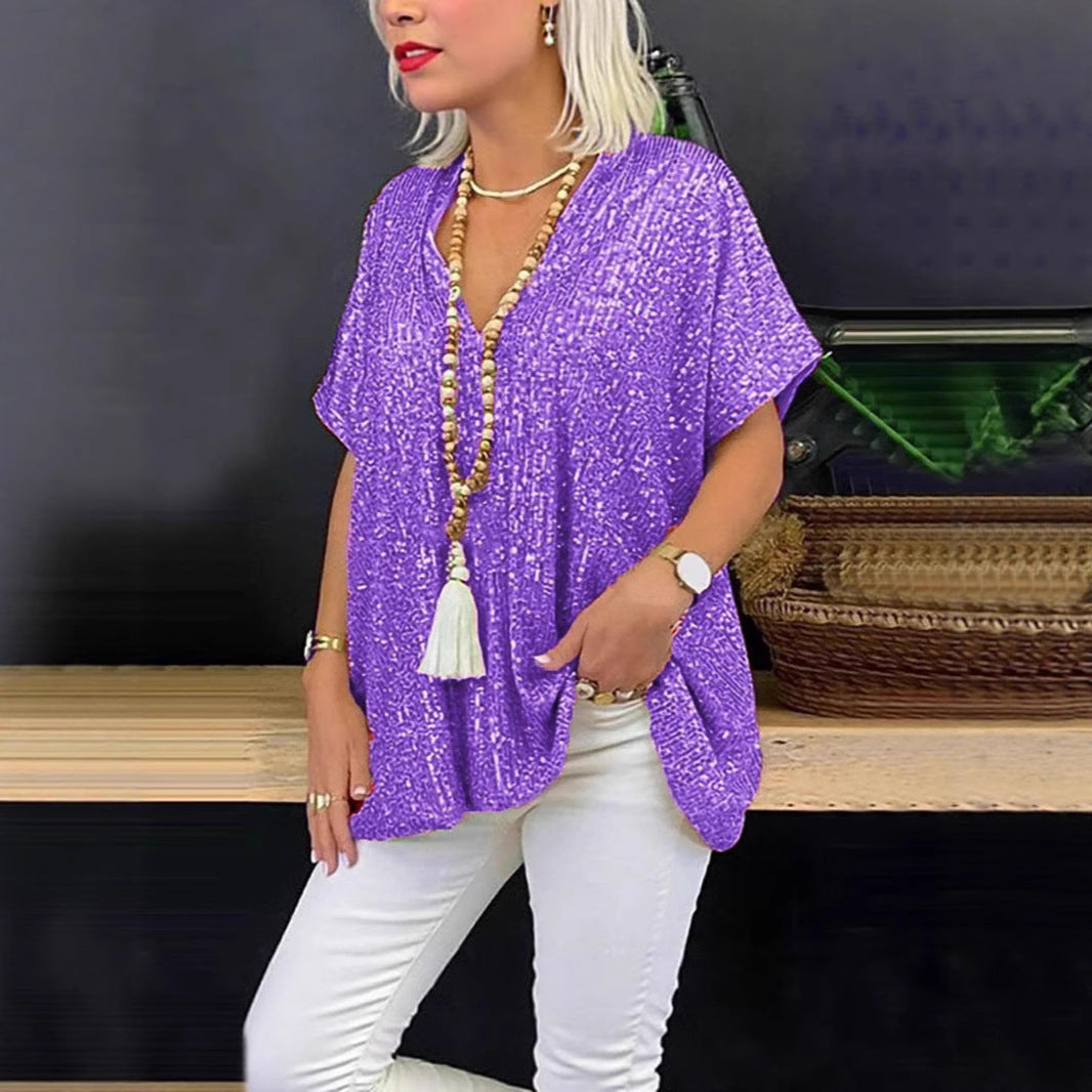 Dame Glitrende Tunika T-shirt med V-hals Stilla