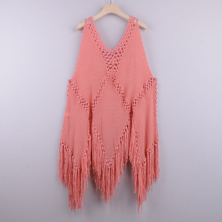 Dame Strandlinned Poncho med frynser og hækledetaljer Stilla