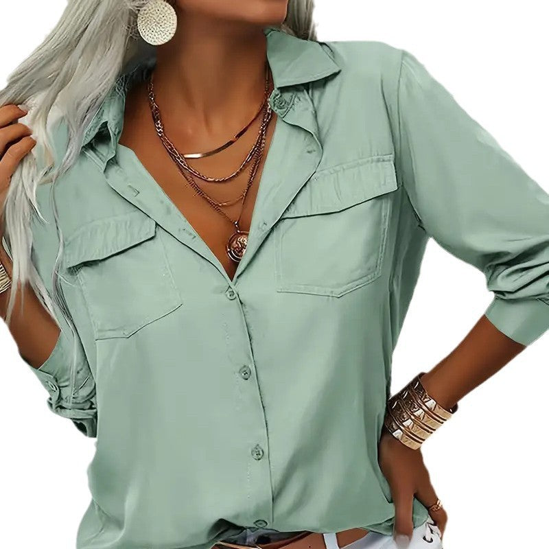 Dame elegant Button-Up Bluse med brystlommer og rullekrave Stilla