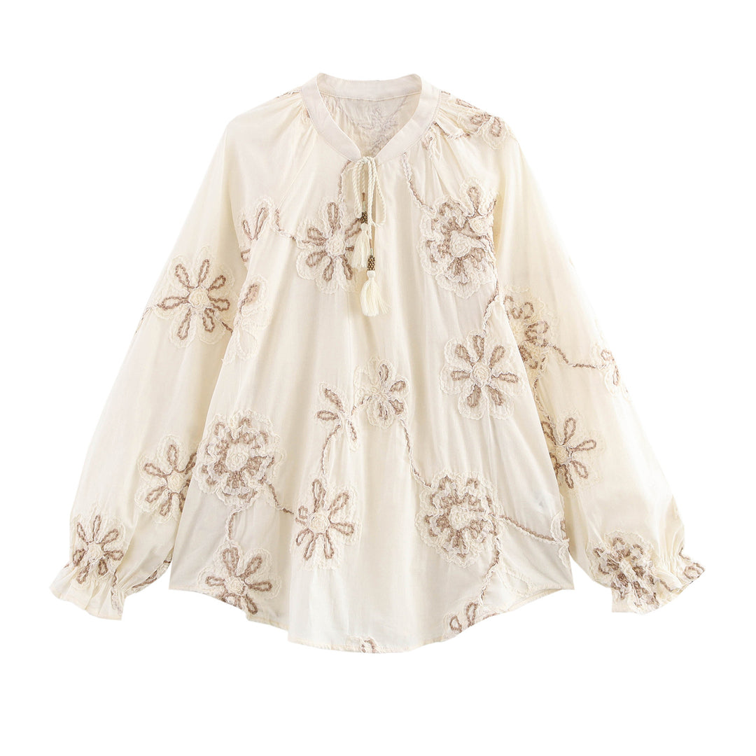 Dame broderet langærmet bluse med frynsedetalje Stilla