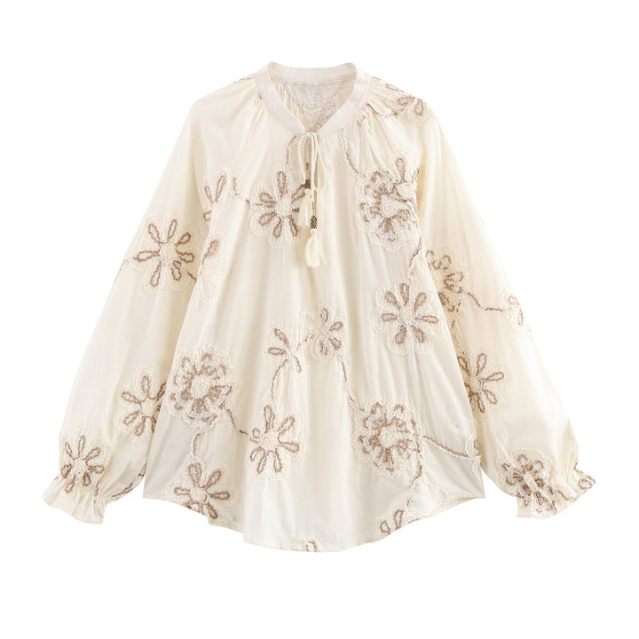 Dame broderet langærmet bluse med frynsedetalje Stilla