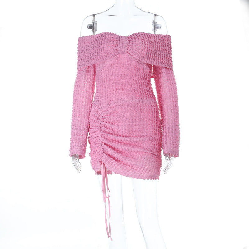 Dame off-shoulder mini kjole med rynk og dekorativ sløjfedetail Skovae