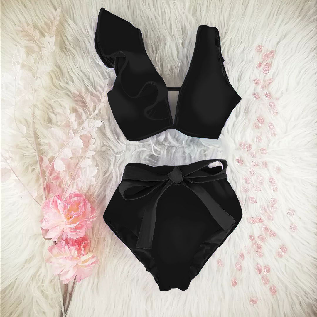 Dame bikini-sæt med voluminøse flæserærmer og høj talje Stilla