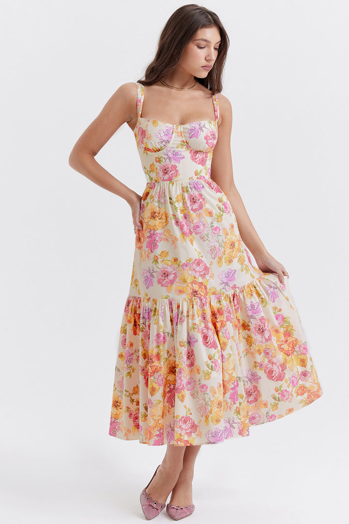 Dame midikjole med bustier-design og let volant Stilla