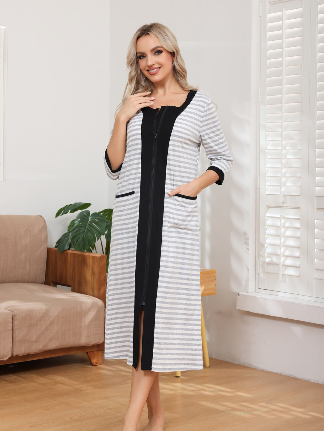 Dame Krammelig Morgenkåbe med gennemgående lynlås og praktiske lommer Stilla