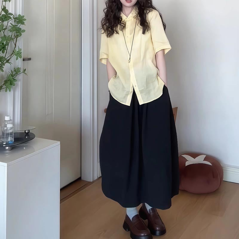 Femme Relaxed Fit Button-Up Skjorte og Flared Maxi Nederdel Sæt Stilla