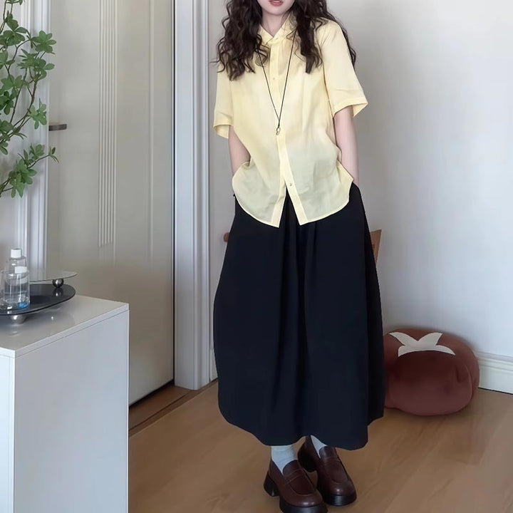 Femme Relaxed Fit Button-Up Skjorte og Flared Maxi Nederdel Sæt Stilla