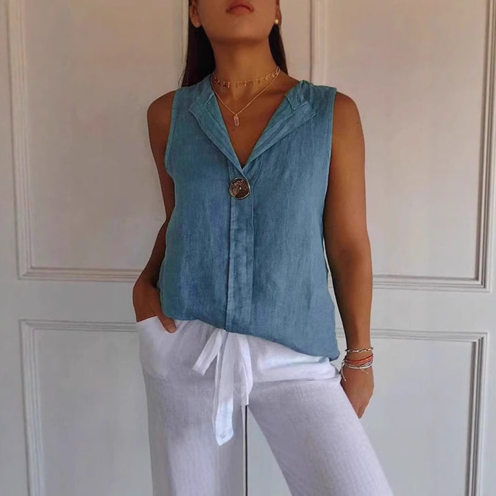 Damer linned blouse med ståkrave og knaplukning Stilla