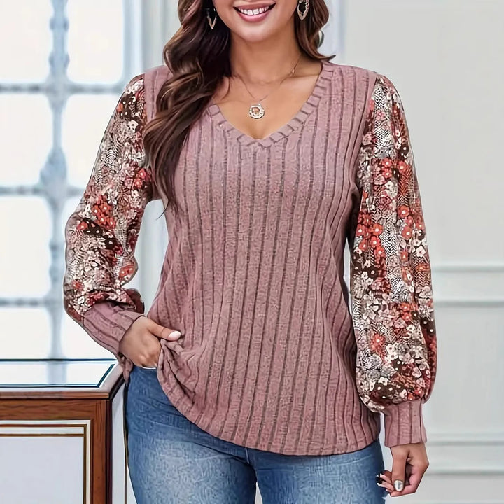Dame V-hals pullover med blomstrede puffærmer Stilla