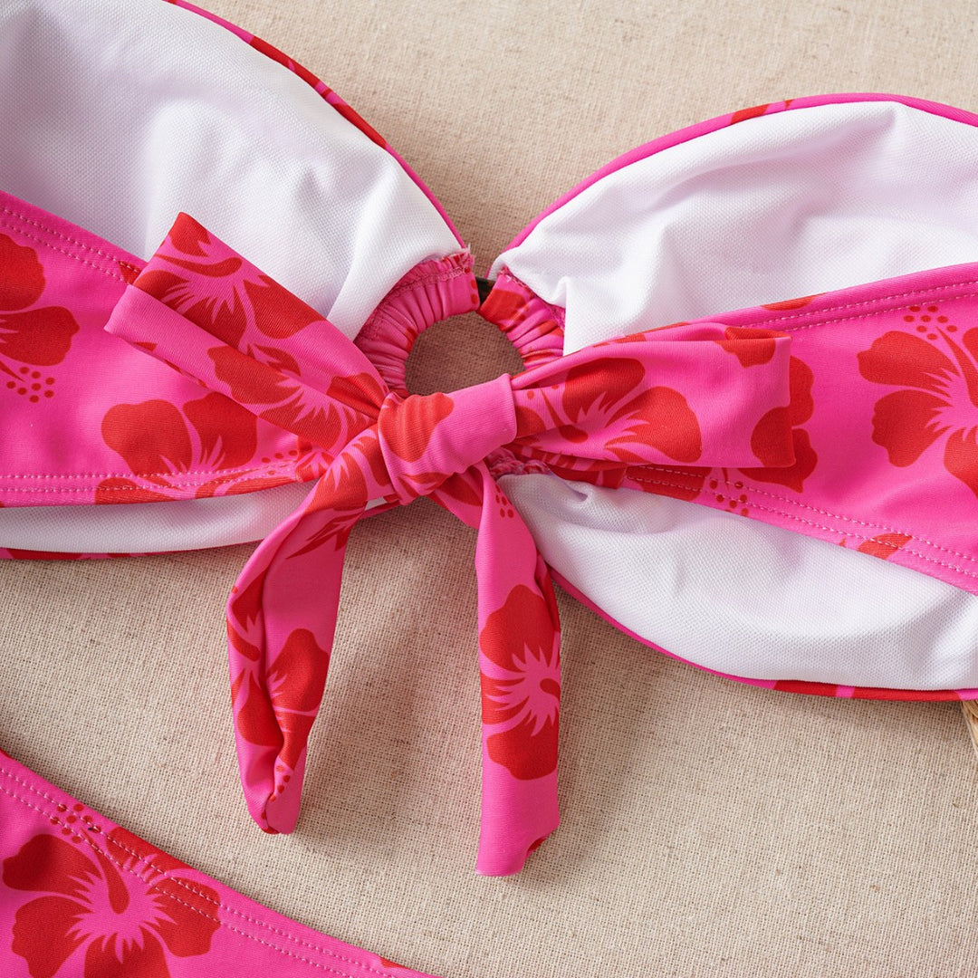 Dame bandeau bikini sæt med dekoreret knude og blomster mønster Skovae