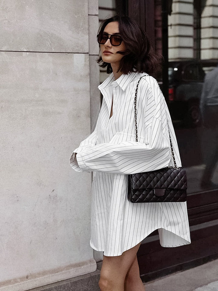Dame Oversized Stribet Skjorte Kjole Stilla