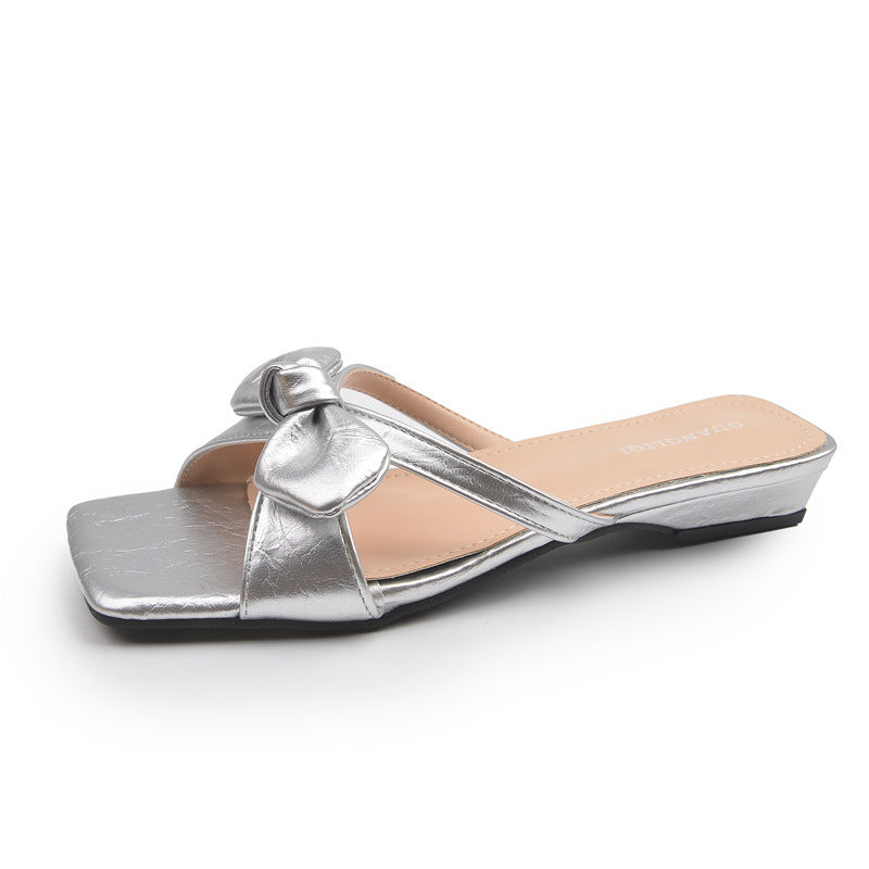 Dame Metallic Sløjfe-Detalje Slide Sandaler Stilla