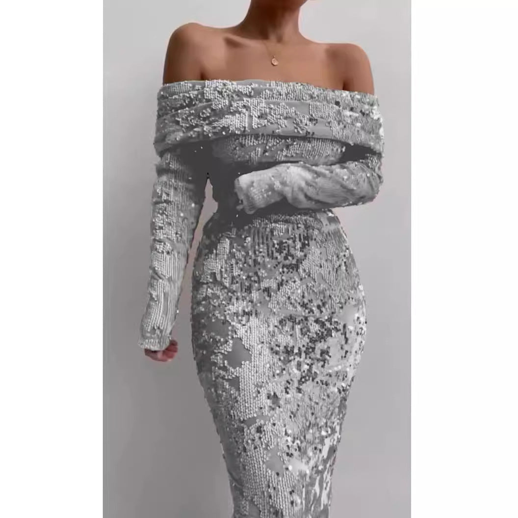 Kvindernes glamourøse aften kjole med glitrende perler og off-shoulder detalje