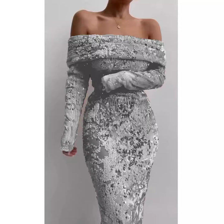 Kvindernes glamourøse aften kjole med glitrende perler og off-shoulder detalje