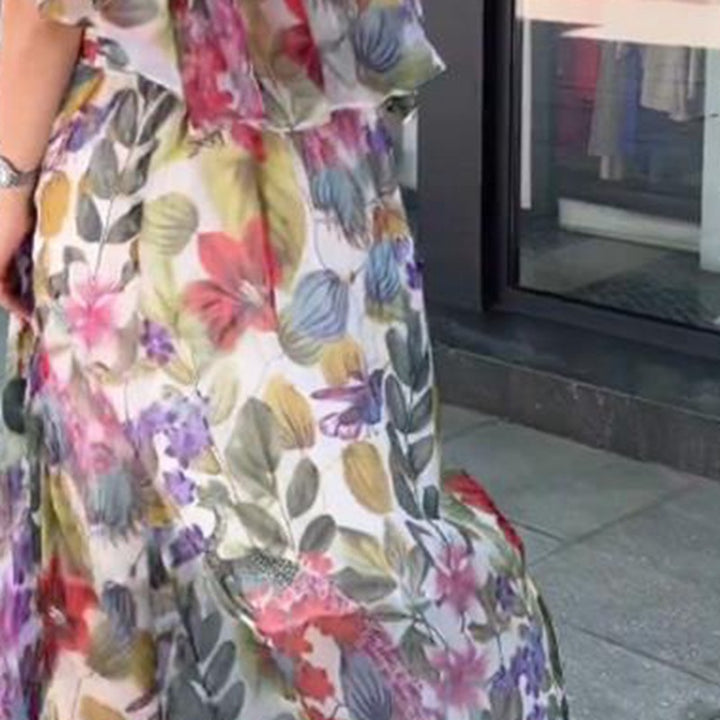 Dame Maxikjole med blomster-chiffon overdel og elastisk talje Stilla