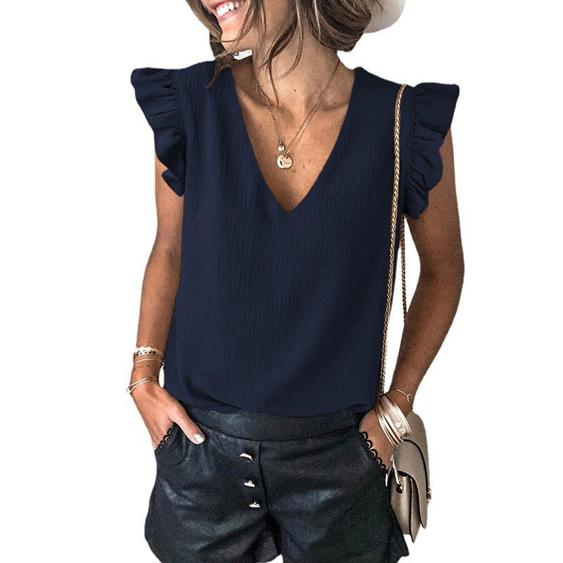 Dame V-halsbluse med volangdetaljer Stiila