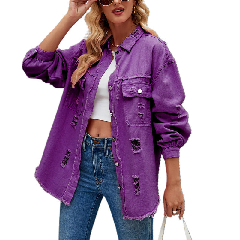 Dame Oversized Denim-Skjortejakke med frynse-detaljer Stilla