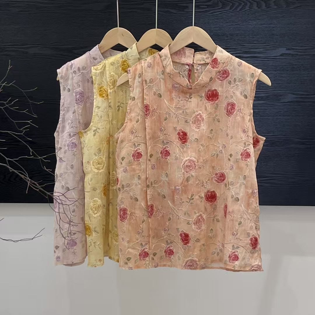 Dame Broderede Blomster Ærmeløs Bluse Stilla