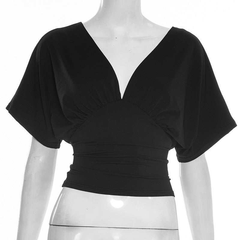 Damen elegantes Wickeloberteil mit voluminösenÄrmeln und tiefem V-Ausschnitt Skovae