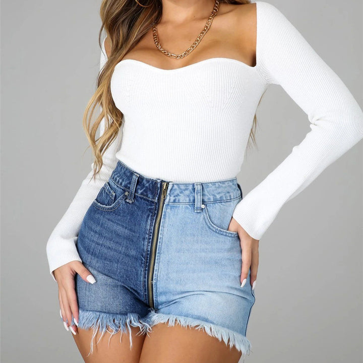 Dame Jeans-shorts med frynset kant og asymmetrisk lynlås Stilla