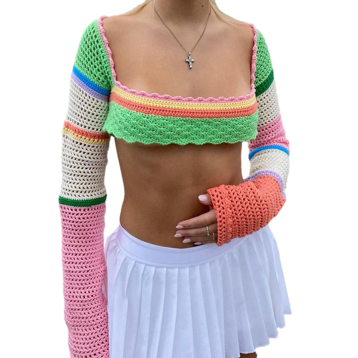 Dame Hæklet Crop Top med farverige striber og vide udskårne ærmer Stilla