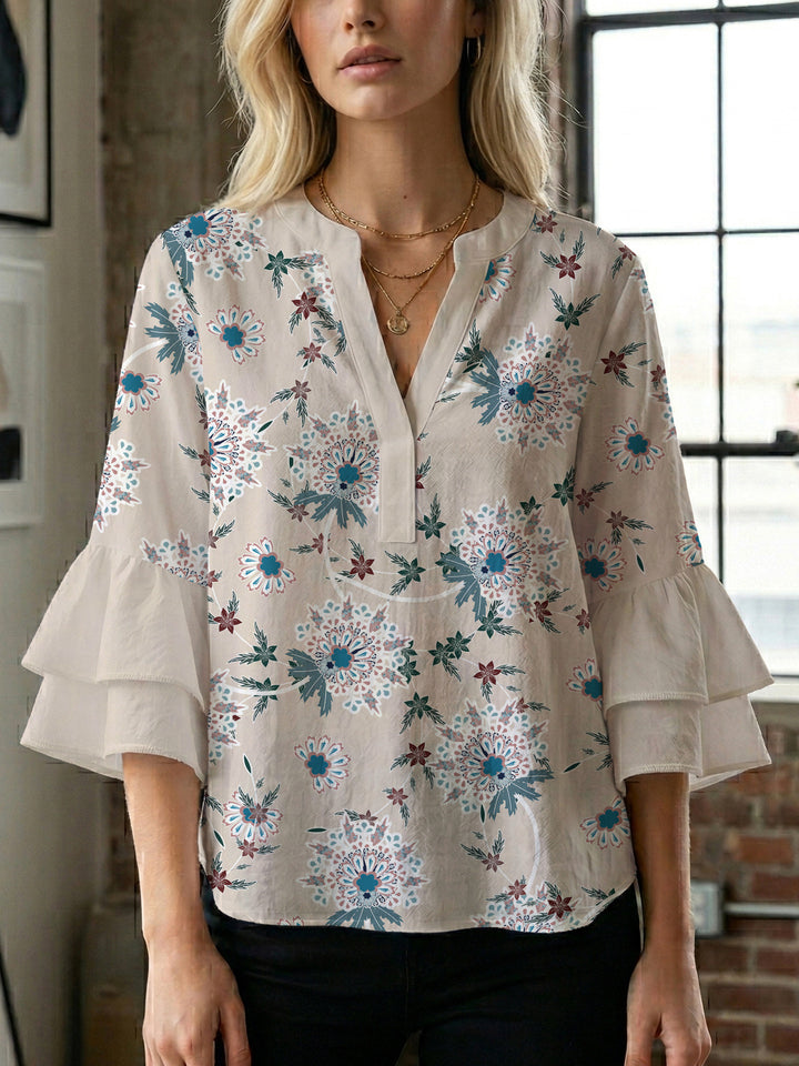 Dame skjorte med voluminøse ærmer og blomsterdesign Skovae