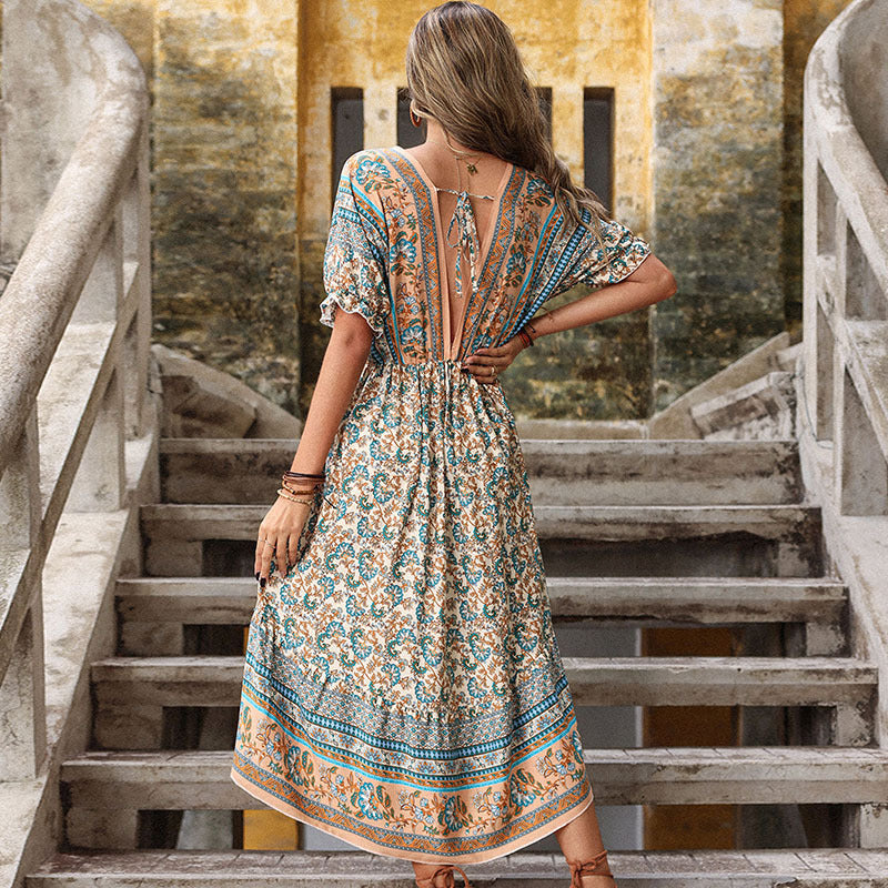 Dame High-Low Floral Print Maxi-Kjole med Flæser Stilla