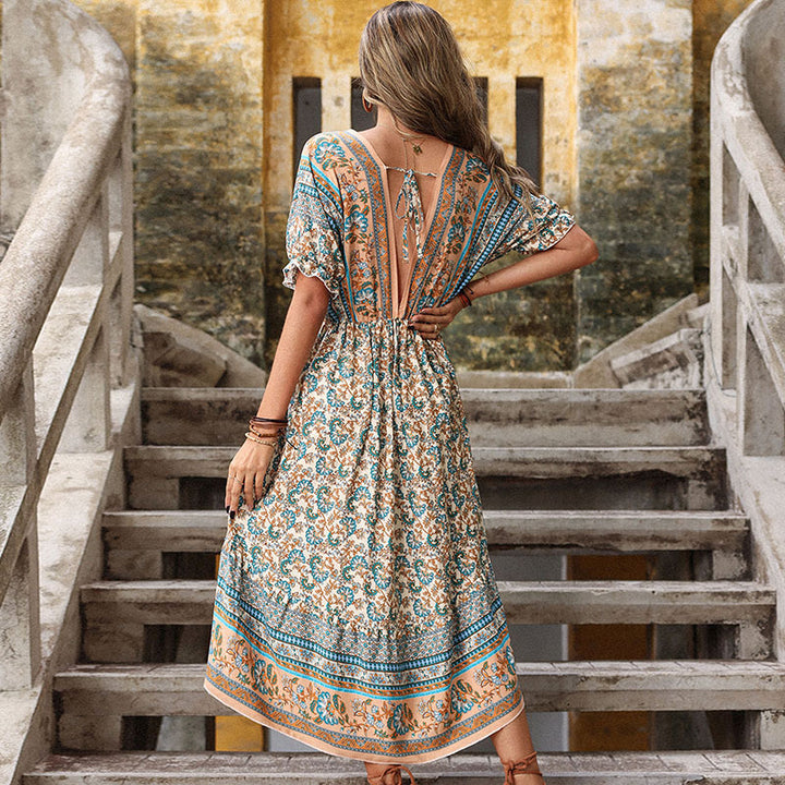 Dame High-Low Floral Print Maxi-Kjole med Flæser Stilla