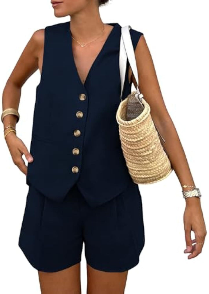 Dame elegant jumpsuit sæt med tætsiddende snit og dekorative knapdetaljer Skovae