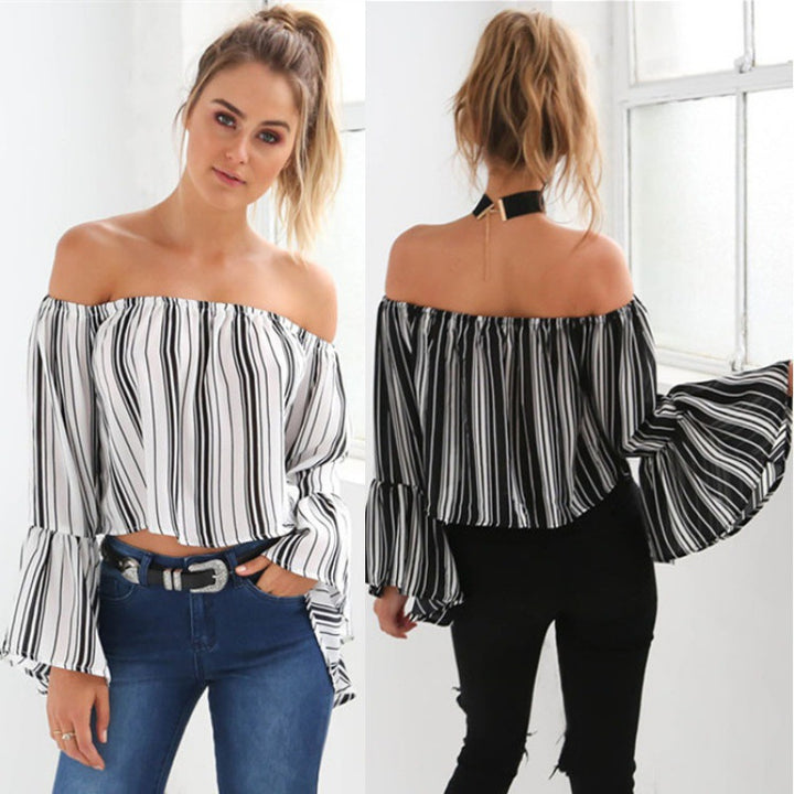 Kvinder Off-Shoulder Bluse med Voluminøse Ærmer og Stribet Design Stilla