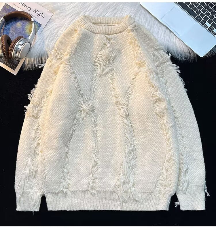 Dame hyggelig strikpullover med trendy frynser og unikke strikdetaljer Stilla
