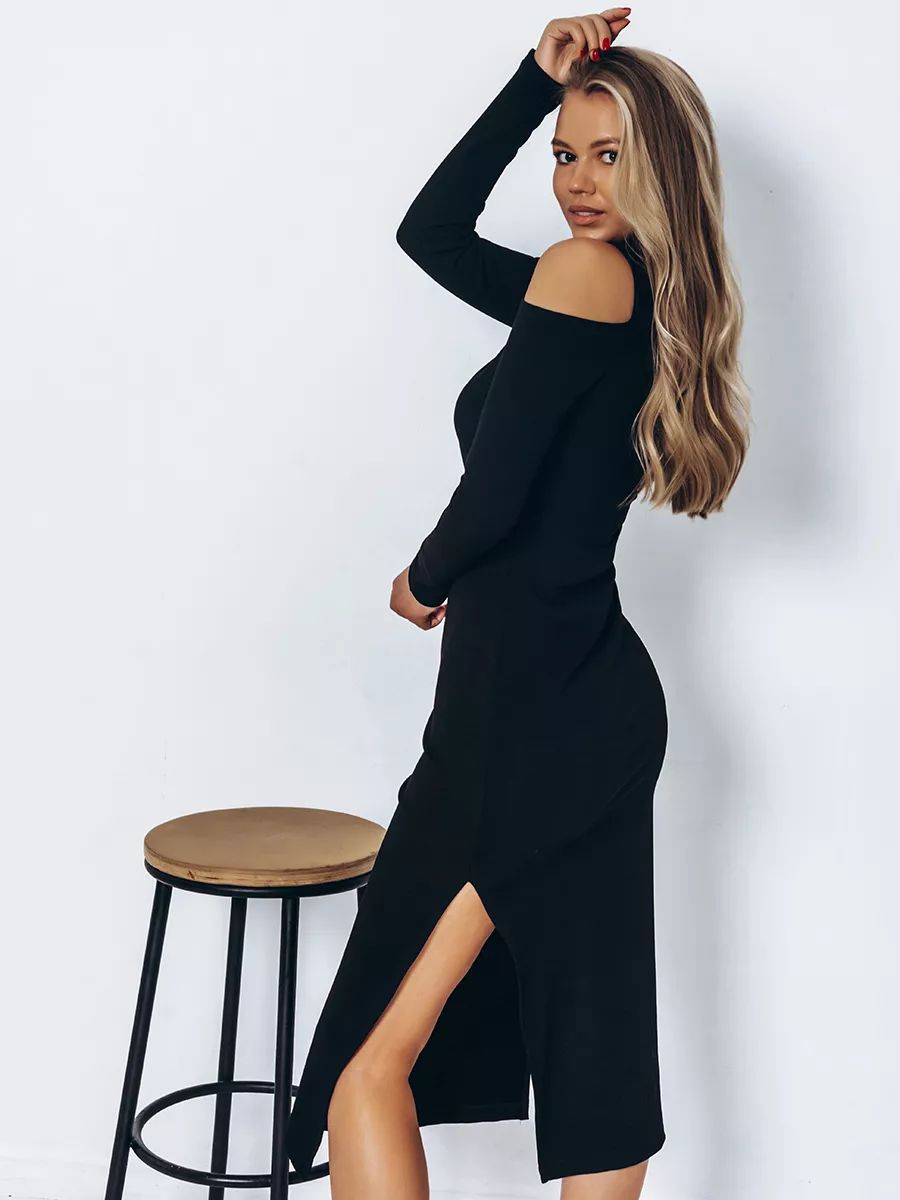 Dame figursyet Off-Shoulder midi kjole med lange ærmer og siden slids Stilla