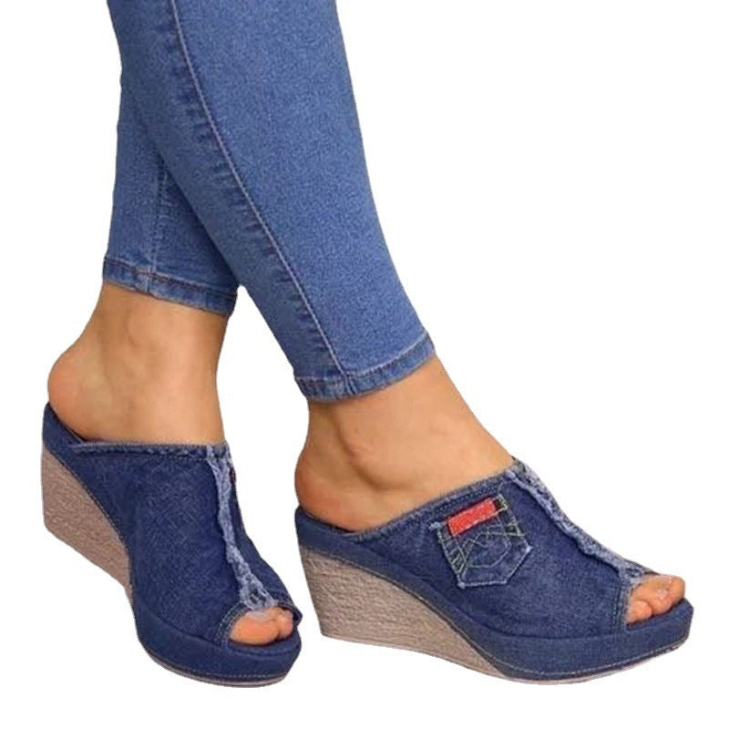 Dame hæl-pantoletten med moderigtigt denim-design Stilla