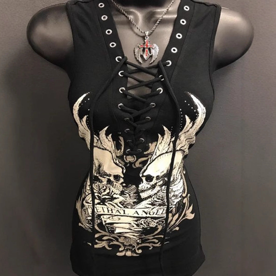 Dame Rockabilly kjole med snøringslook og grafisk print Skovae