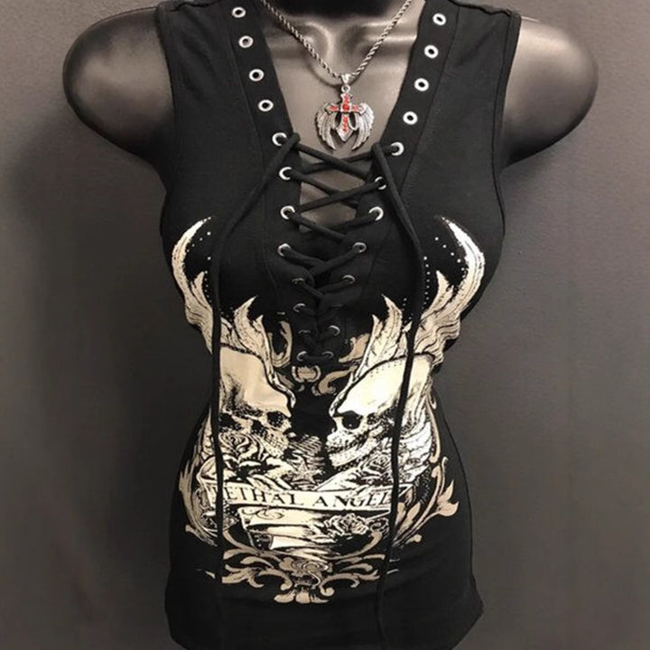 Dame Rockabilly kjole med snøringslook og grafisk print Skovae
