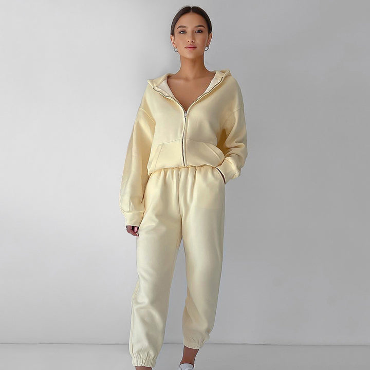 Dame casual fleece sæt med hætte og elastisk talje Stilla