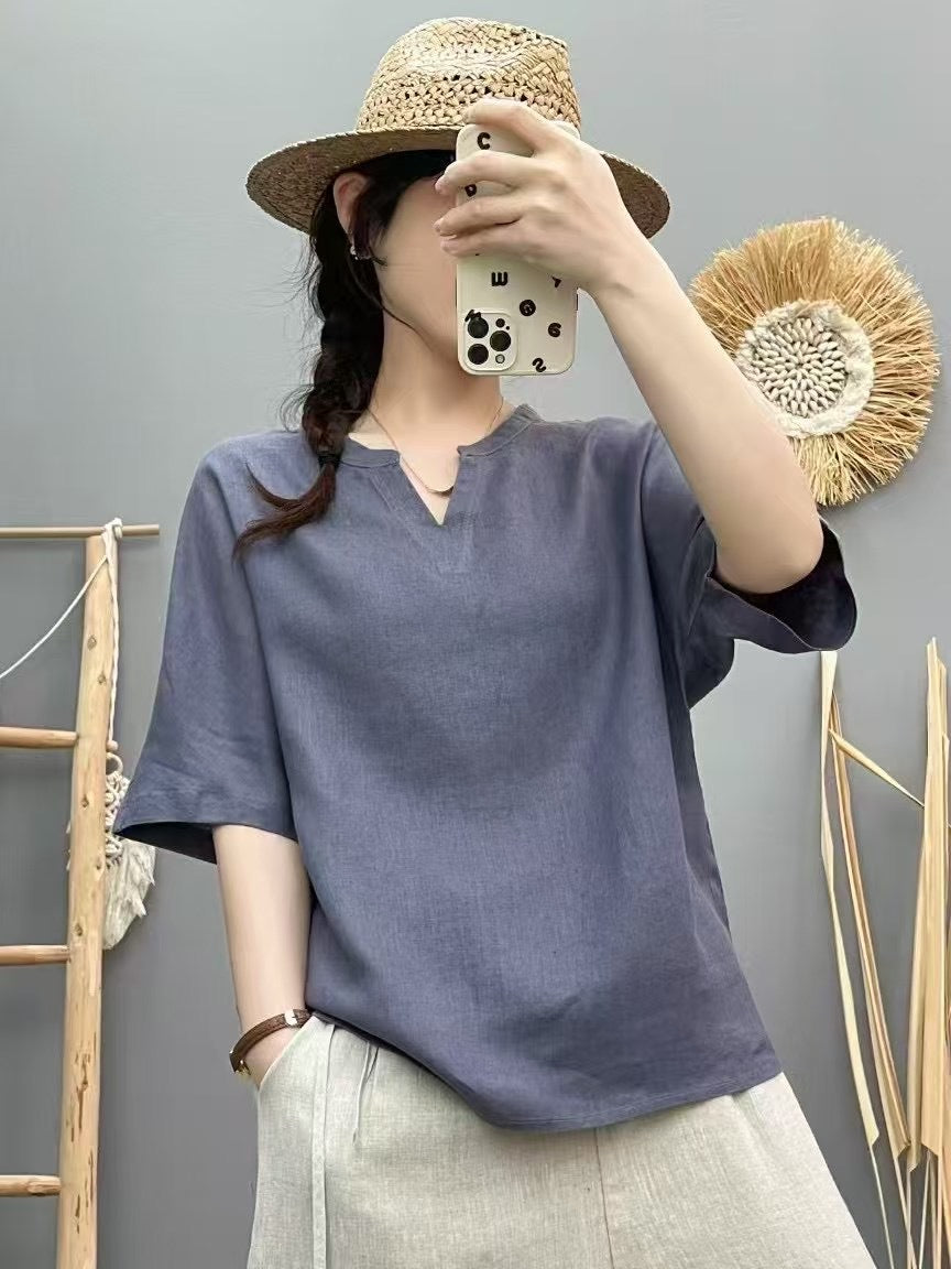 Femme Let V-Udskæring Linned Top Stilla