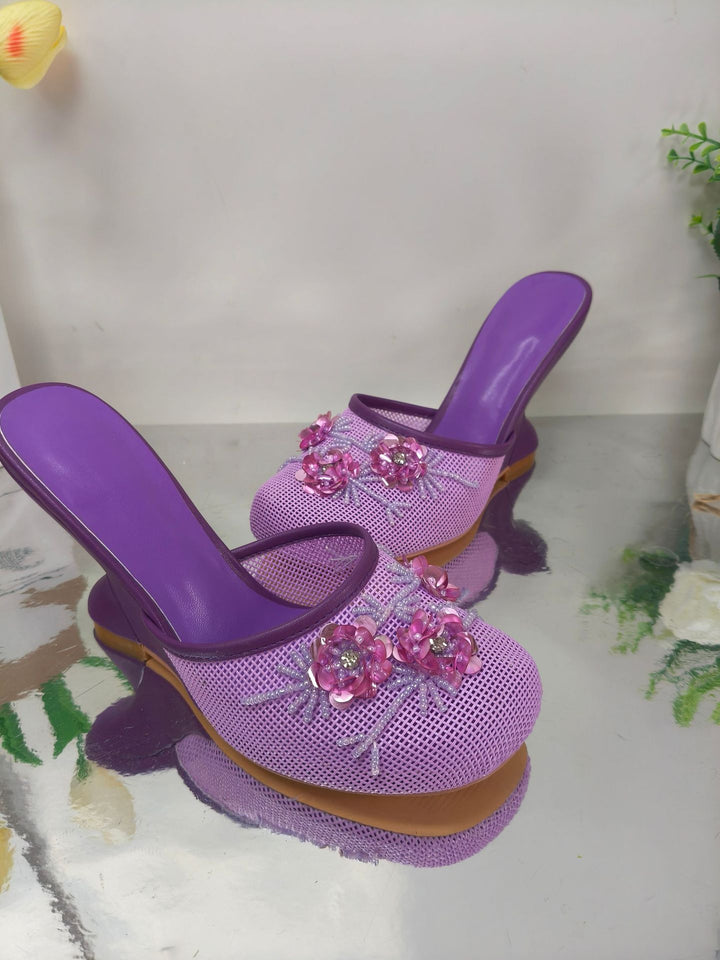 Femme Dekorative Netz-Mules med blomstermotiver Stilla