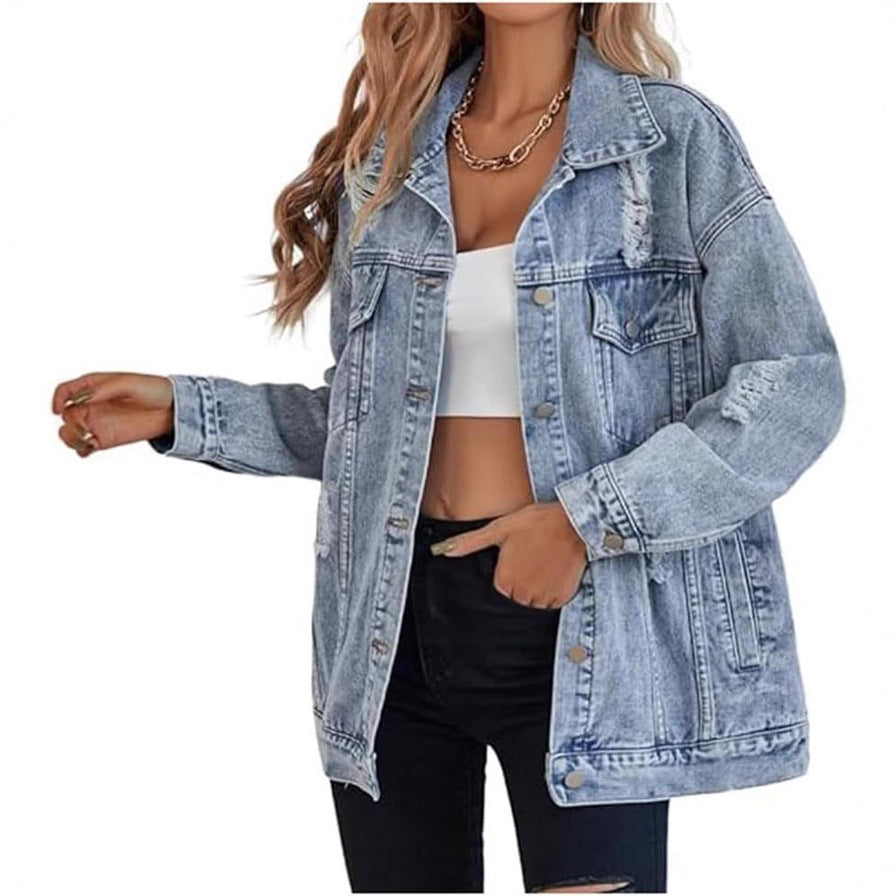 Dame afslappet denimjakke i oversized snit med vintage-accenter Stilla