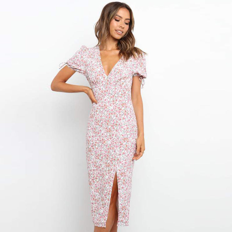 Dame Floral Print Wrap Midi Kjole med smigrende side split Stilla