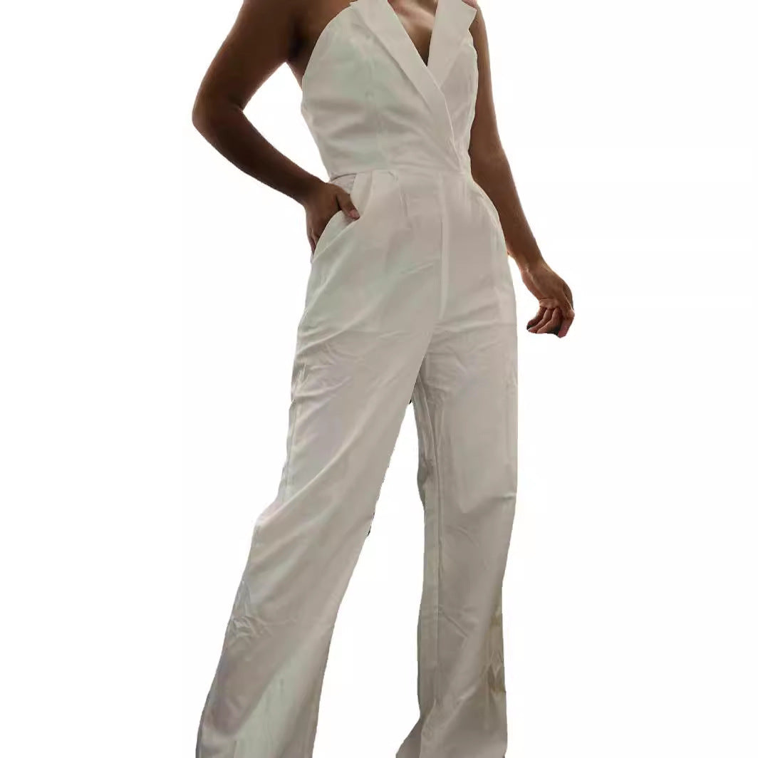 Dame Elegant Jumpsuit med tragtformet U-hals og bredt ben Stilla
