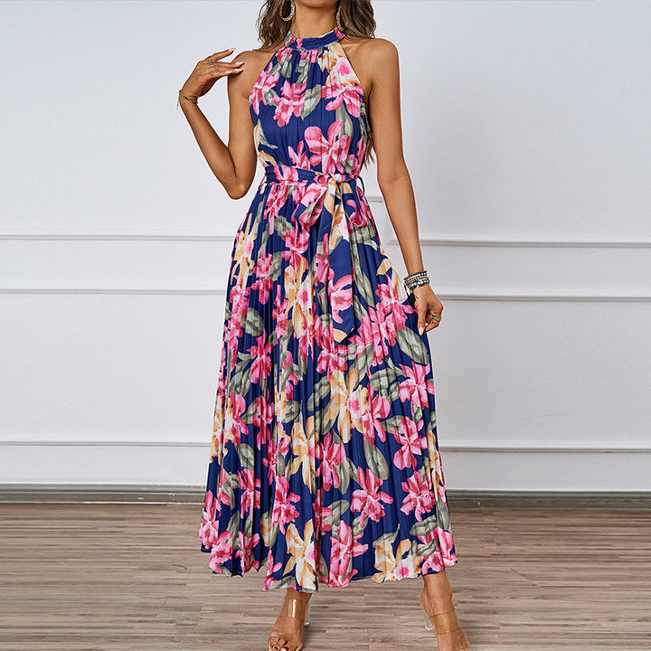 Kvinder Elegant Maxi Kjole med Blomstret Design og Rynket Top Stilla