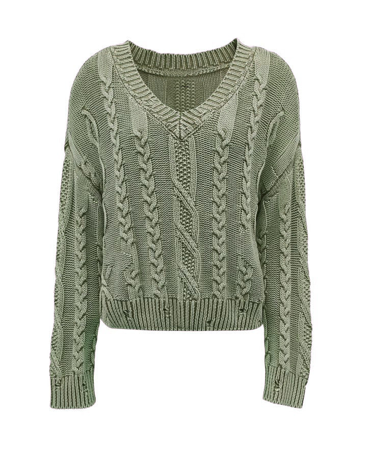 Kvinders strikket pullover med kabelmønster og V-hals Stilla